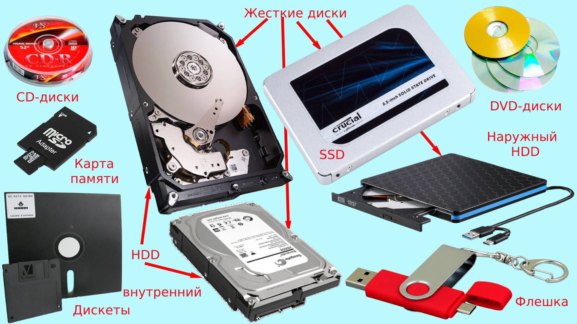 Внешняя память компьютера дискеты карта памяти жесткий диск флешка DVD-диск CD-диски